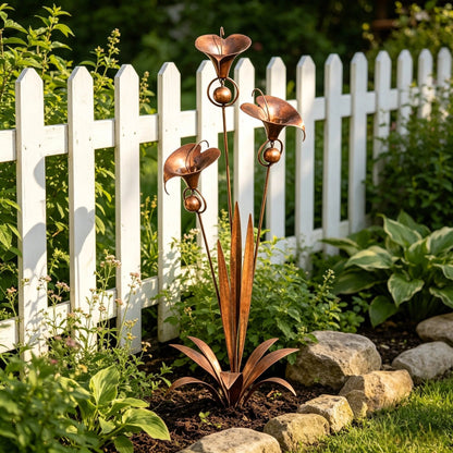 ⚡️Flash Sale🏡Flamed Copper Three Calla Lilies Garden Stake with Bells