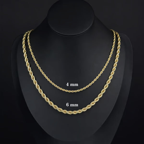 14K Rope Chain Necklace for Women and Men, Upgraded Shine Faceted Cut, Tarnish-Free Gold Tone Chain,