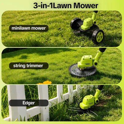 🌿⚡21V 3-in-1 Cordless String Trimmer, Edger & Mini Mower – 2 Batteries Included