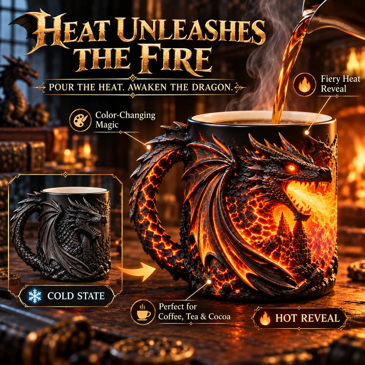 Hot coffee being poured into the dragon mug as the orange heat-reactive design appears