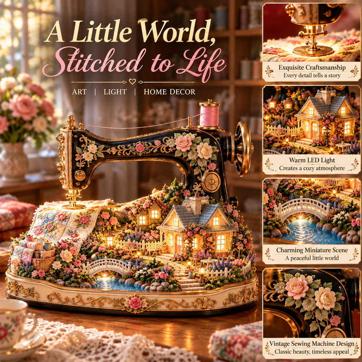 🧵✨Stitched to Life – A Garden Sewn with Love | Lighted Sewing Machine Decor