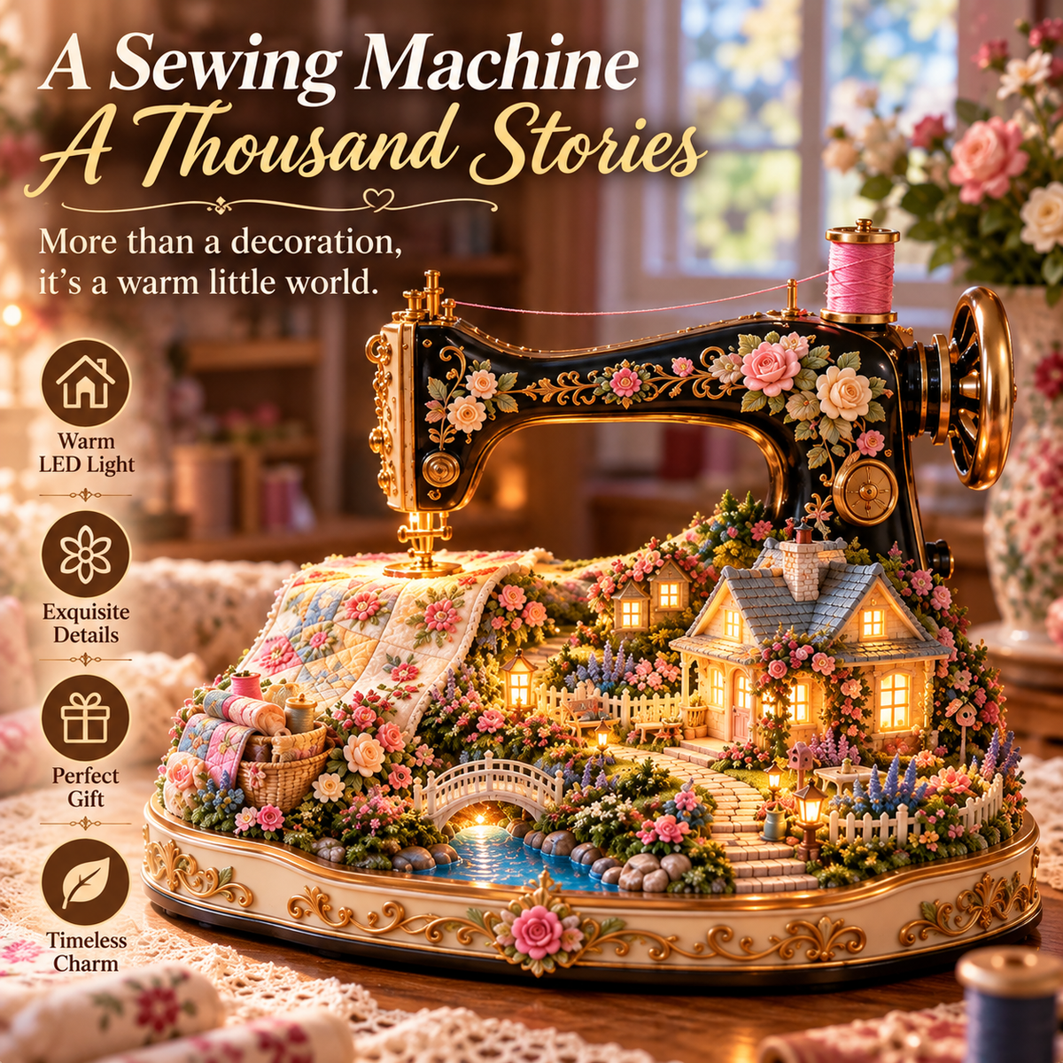 🧵✨Stitched to Life – A Garden Sewn with Love | Lighted Sewing Machine Decor