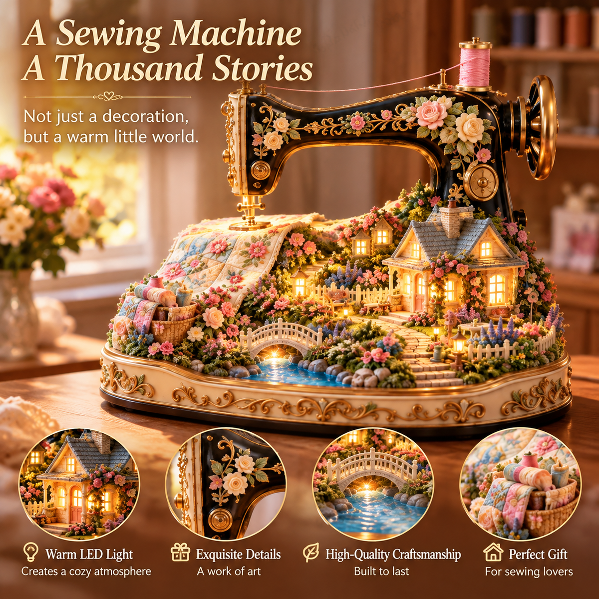 🧵✨Stitched to Life – A Garden Sewn with Love | Lighted Sewing Machine Decor