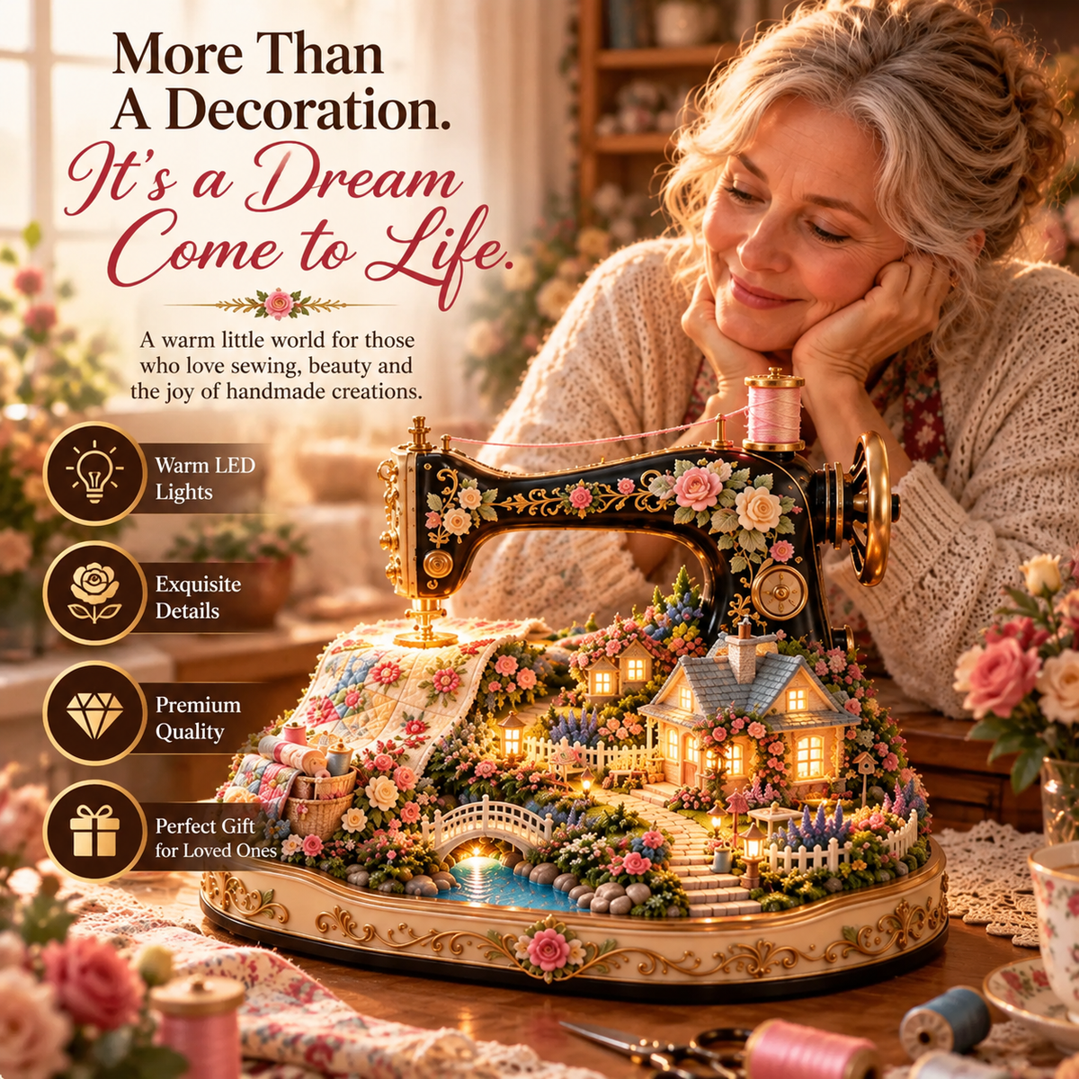 🧵✨Stitched to Life – A Garden Sewn with Love | Lighted Sewing Machine Decor