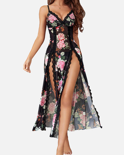Sexy Mesh-Nachthemd mit V-Ausschnitt und Seitenschlitz
