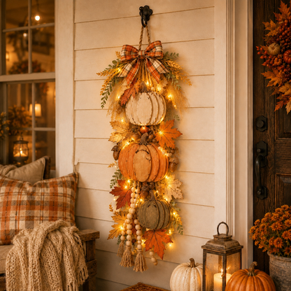 🏡🎃Rustic Wooden Pumpkin Door Hanging with Warm LED Lights