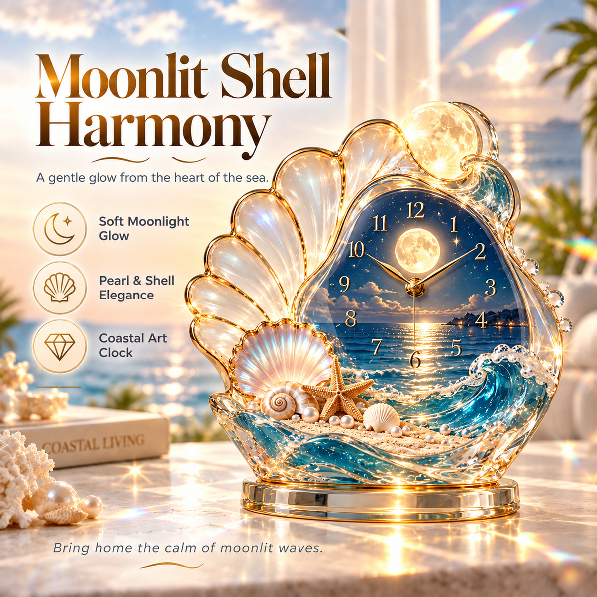 🌊 Coastal Glow Ocean Wave Sculpture – Crystal-Look Decorative Clock Collection