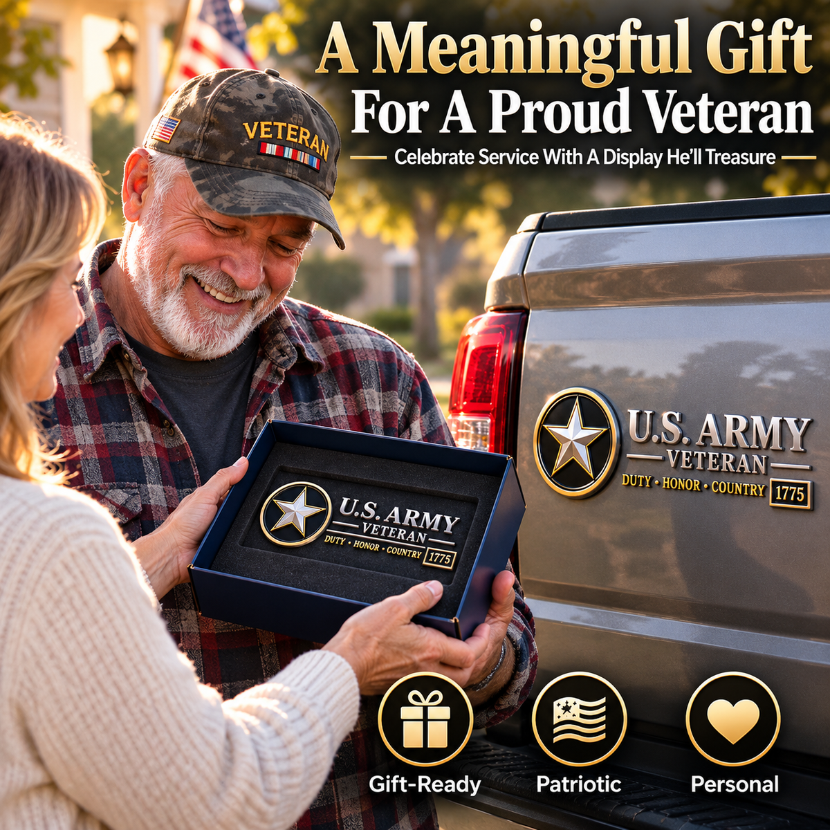 🎖️ 3D Veteran Vehicle Emblem – Military Tribute Badge for Trucks & SUVs