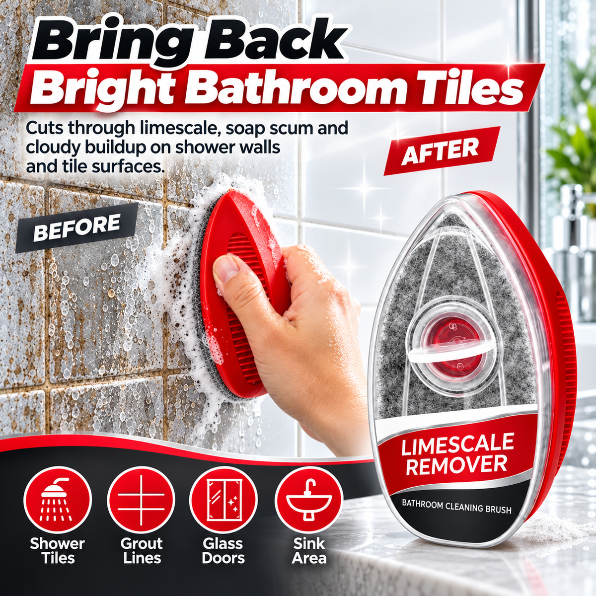 FGORRE Refillable Bathroom Cleaning Brush | Limescale & Soap Scum Scrubber