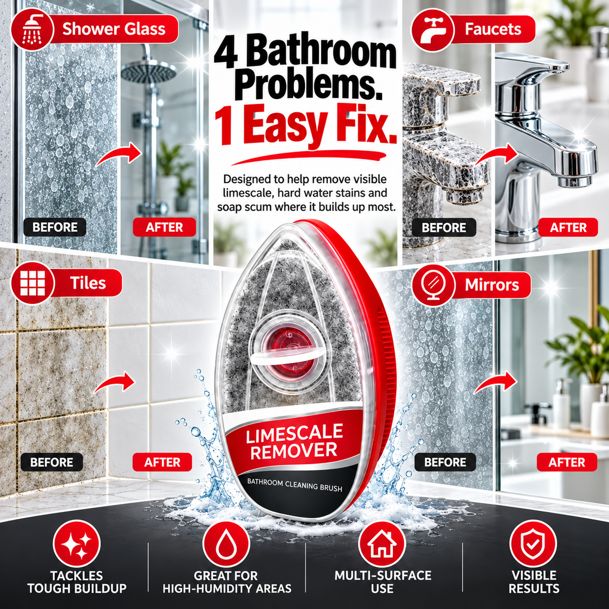 FGORRE Refillable Bathroom Cleaning Brush | Limescale & Soap Scum Scrubber
