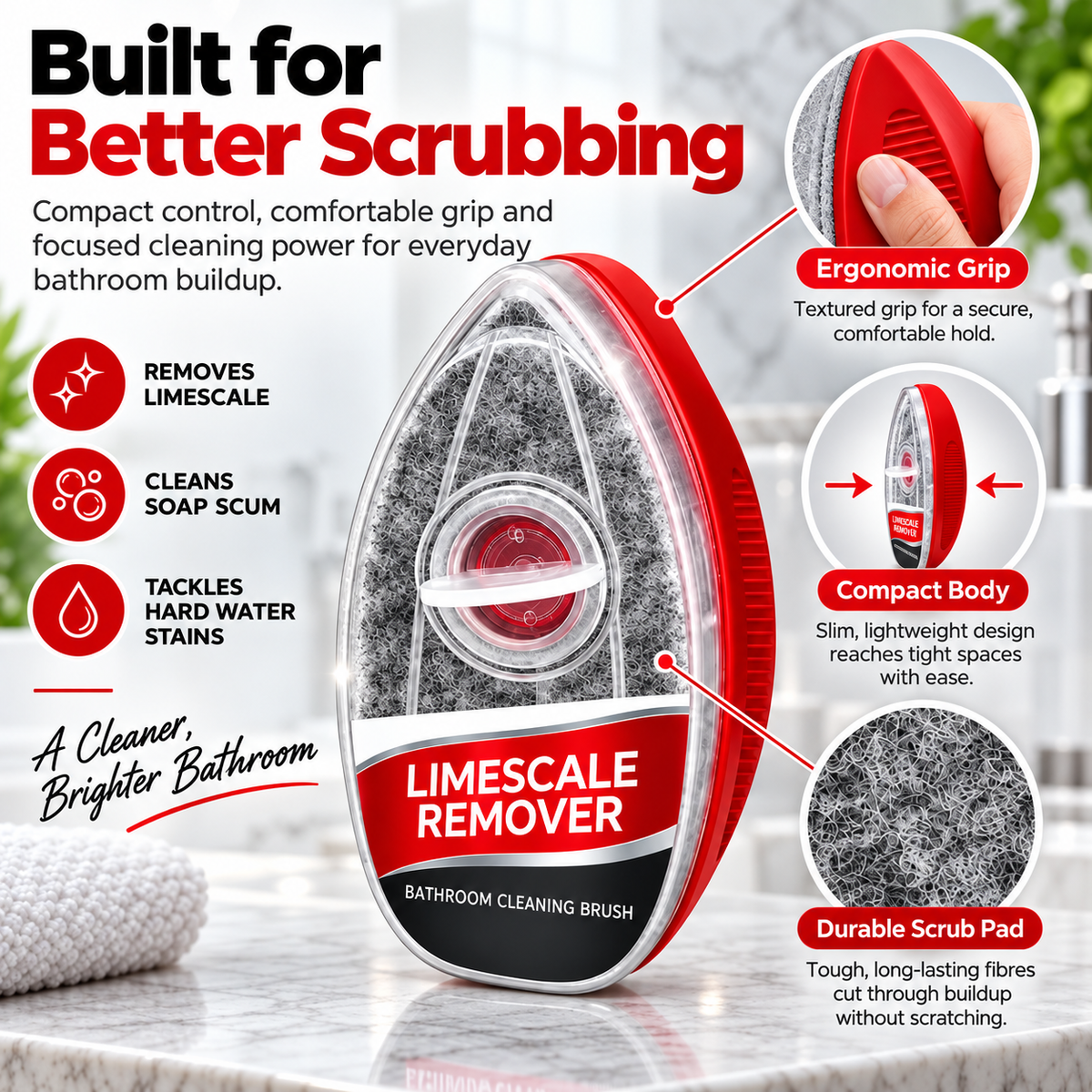 FGORRE Refillable Bathroom Cleaning Brush | Limescale & Soap Scum Scrubber