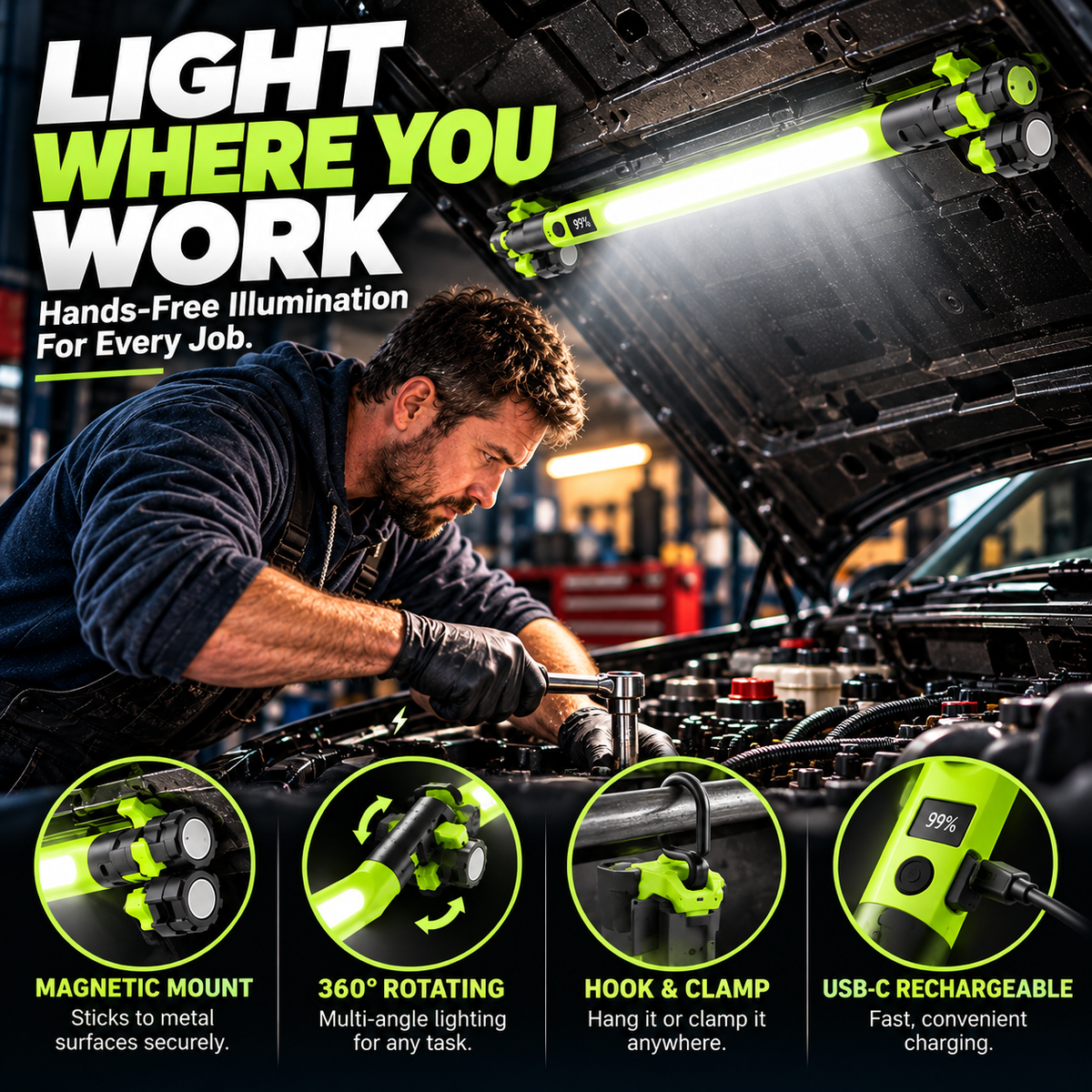 🔦 Rechargeable Magnetic LED Work Light – 360° Rotating Hands-Free Flashlight