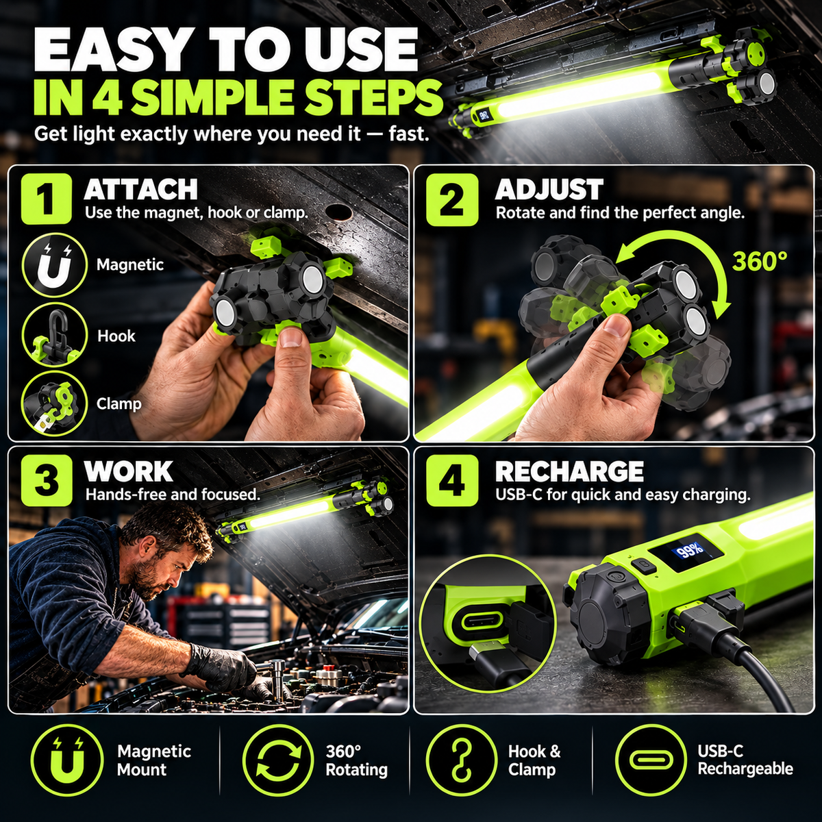 🔦 Rechargeable Magnetic LED Work Light – 360° Rotating Hands-Free Flashlight