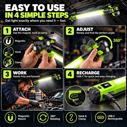 🔦 Rechargeable Magnetic LED Work Light – 360° Rotating Hands-Free Flashlight