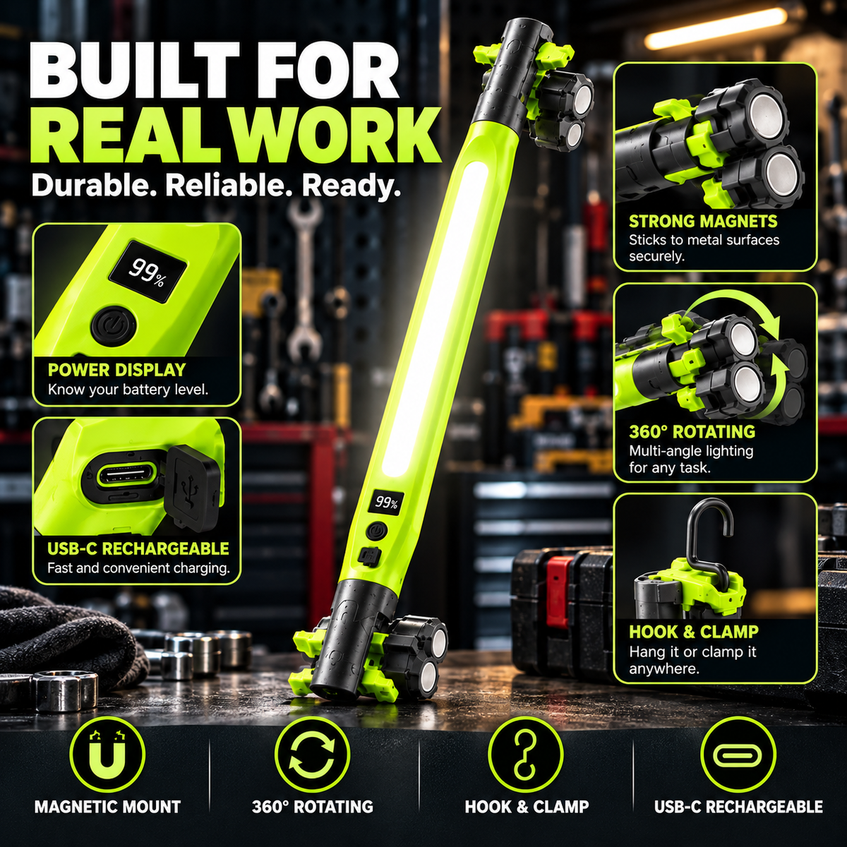 🔦 Rechargeable Magnetic LED Work Light – 360° Rotating Hands-Free Flashlight