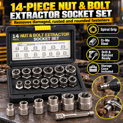 🛠️ 14-Piece Impact Bolt & Nut Extractor Set – 3/8" Drive Lug Nut Remover Socket Kit