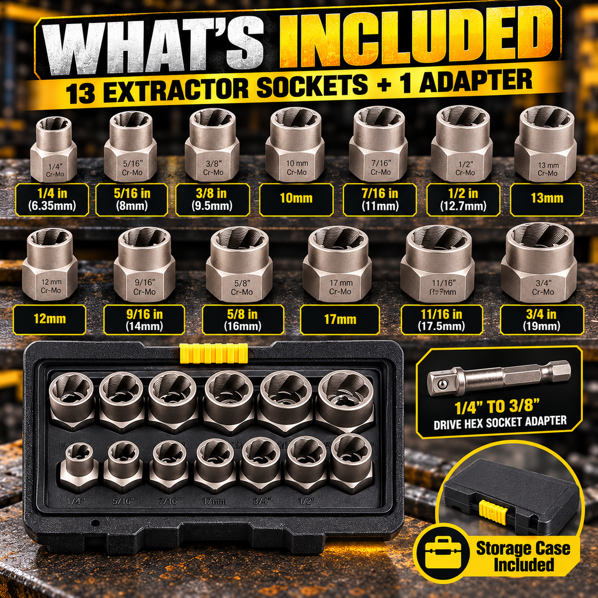 🛠️ 14-Piece Impact Bolt & Nut Extractor Set – 3/8" Drive Lug Nut Remover Socket Kit