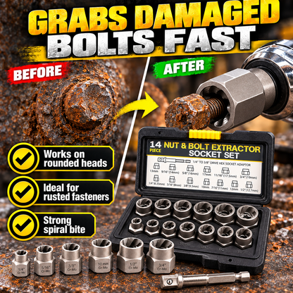 🛠️ 14-Piece Impact Bolt & Nut Extractor Set – 3/8" Drive Lug Nut Remover Socket Kit