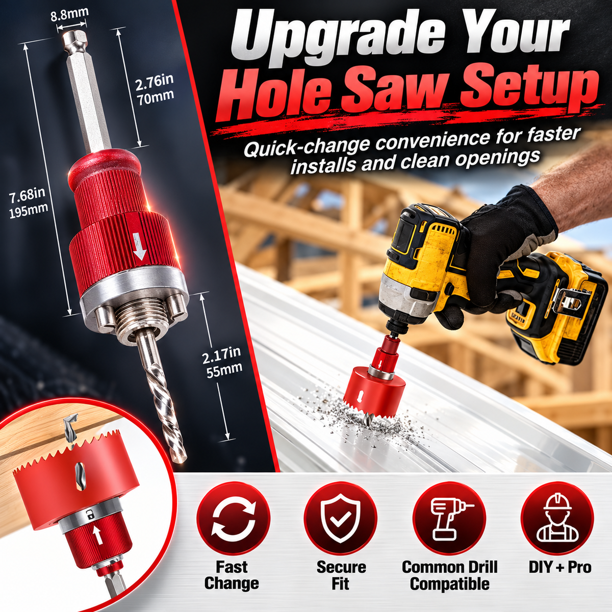 🔧 Quick-Change Hole Saw Arbor – Hex Shank Adapter with Center Pilot Drill Bit