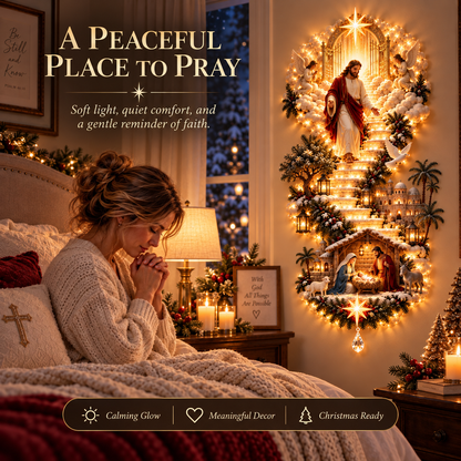 ✨ Jesus Christmas Wall Hanging – Illuminated Nativity Stairway Decor