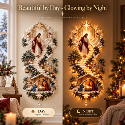 ✨ Jesus Christmas Wall Hanging – Illuminated Nativity Stairway Decor