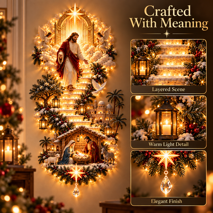 ✨ Jesus Christmas Wall Hanging – Illuminated Nativity Stairway Decor