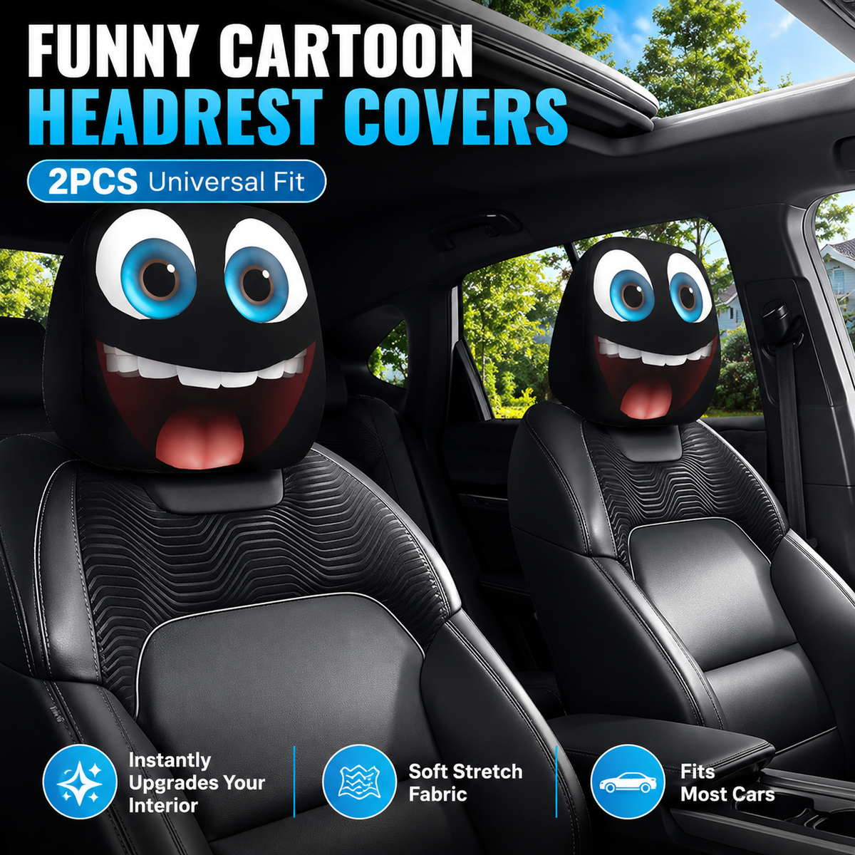 😆 Funny Cartoon Car Headrest Covers – 2PCS Universal Fit 🚗（Buy One Headrest Cover, Get One Free）