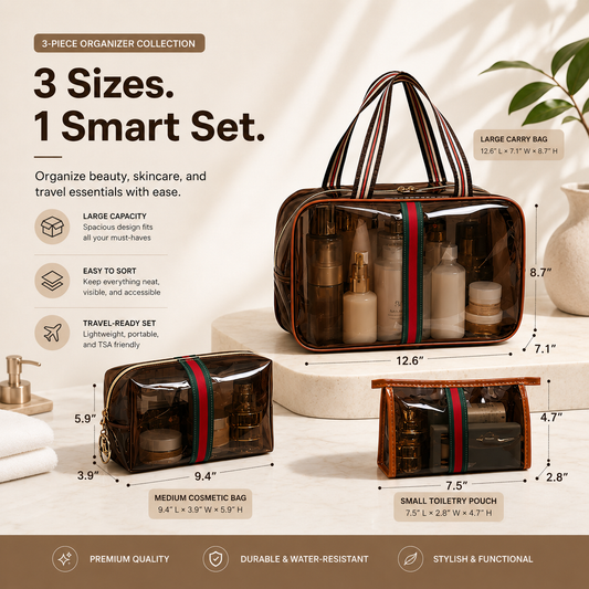 3-teiliges Vintage Kosmetiktaschen-Set – Große Kapazität Wasserdichter Make-up- & Kulturbeutel für Reisen