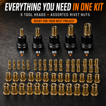 🔧Drill-Powered Rivet Nut Tool Kit – M3–M8 Threaded Insert Adapter Set