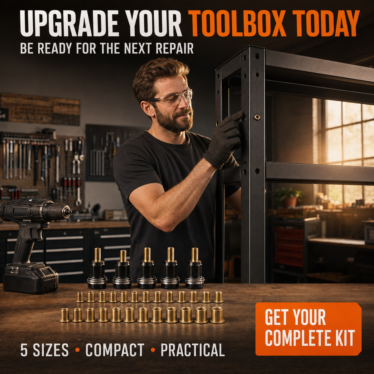 🔧Drill-Powered Rivet Nut Tool Kit – M3–M8 Threaded Insert Adapter Set