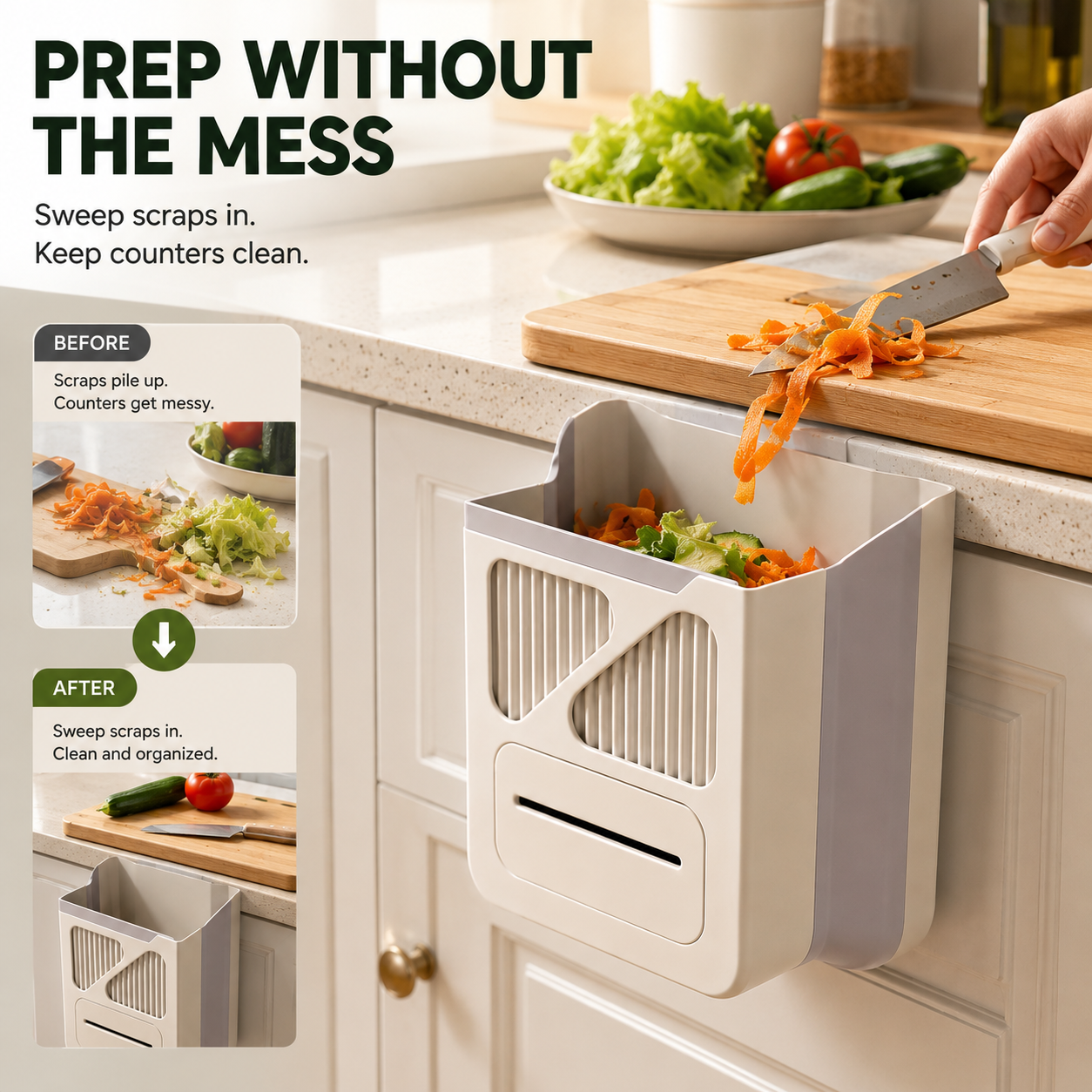 🥕 Hanging Kitchen Trash Bin – Cleaner Countertop Scrap Bin
