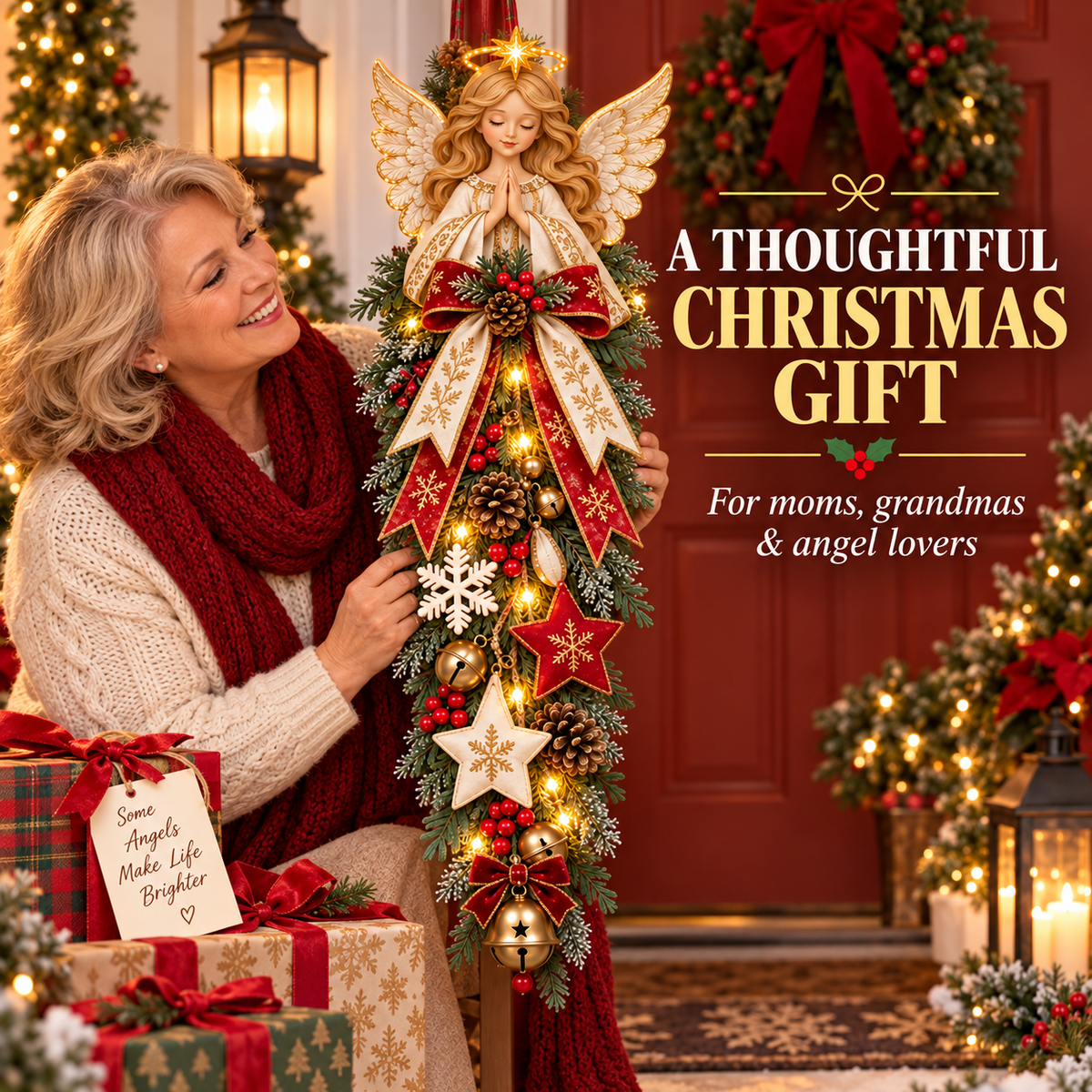 🔥Last Day 49% OFF✨👼 Lighted Angel Christmas Door Swag – A Heavenly Holiday Welcome