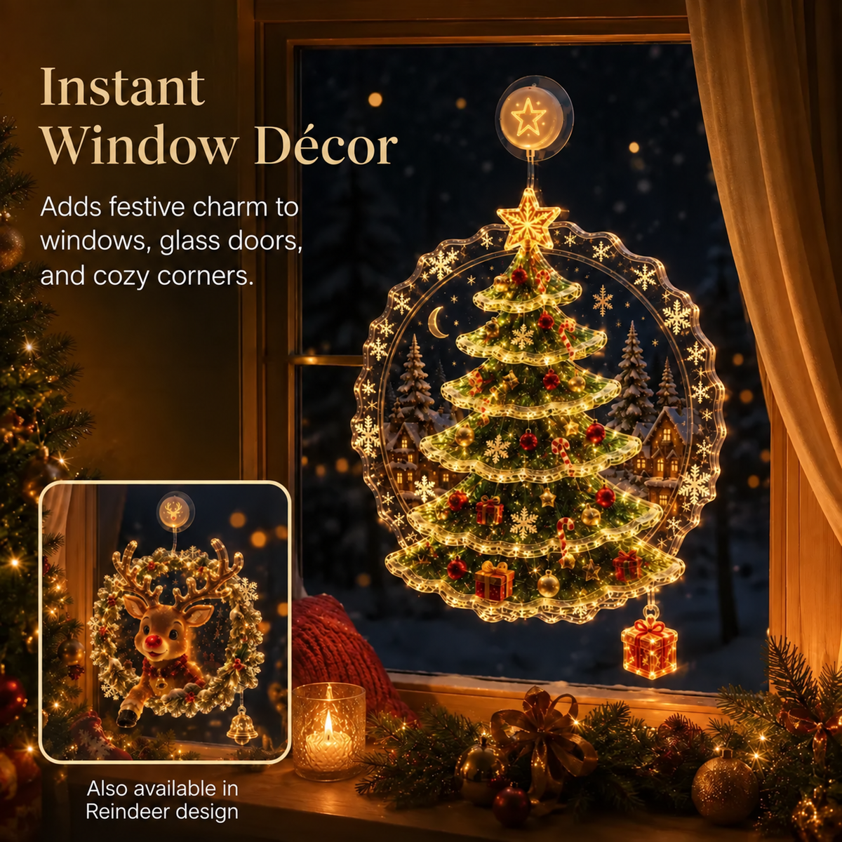 🏅 2026 Best Seller ✨🎄Lighted Christmas Window Decoration with Suction Cup Flat Version | Warm LED Window Light with Double-Layer Design & Multiple Festive Styles ✨