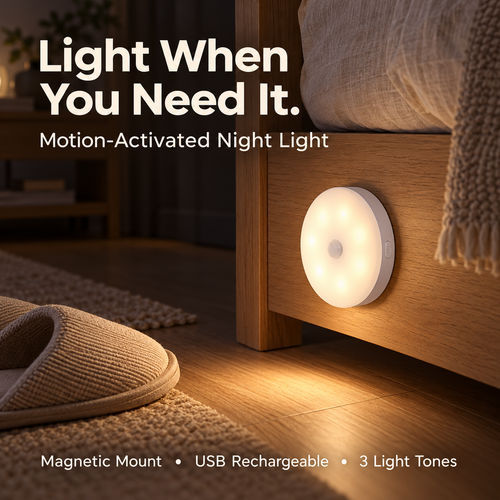 Rechargeable Motion Sensor Night Light – Magnetic LED Light with 3 Color Modes