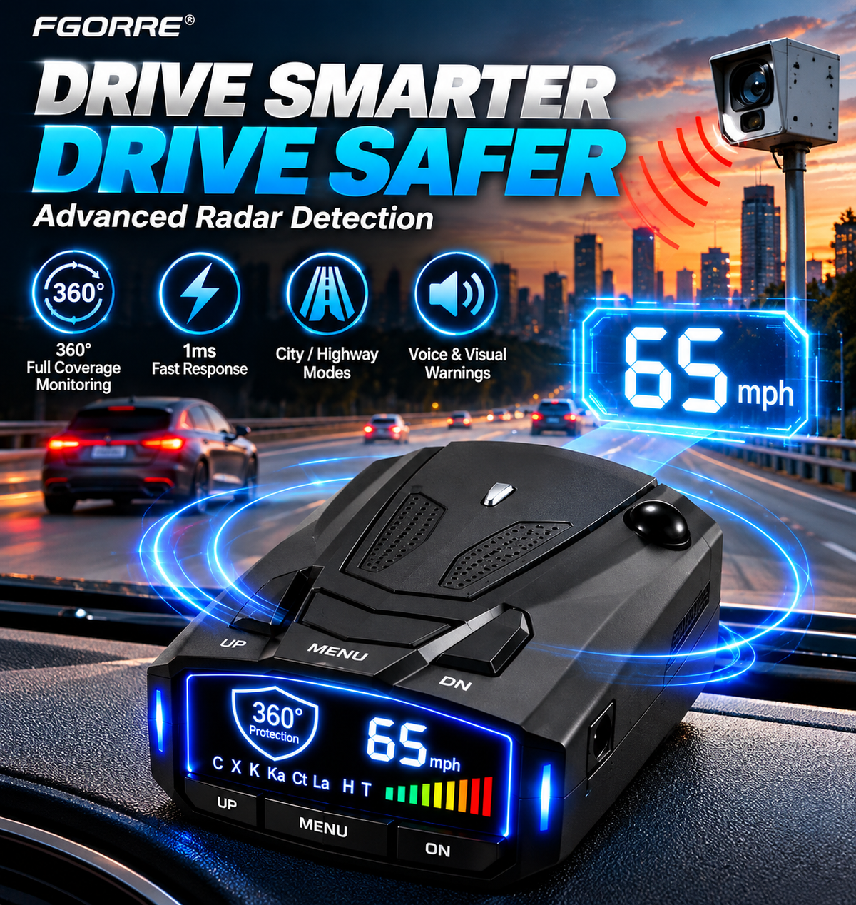 🚗v7 Multi-band Radar Alert Detector – Voice & Led Alerts With City/highway Modes