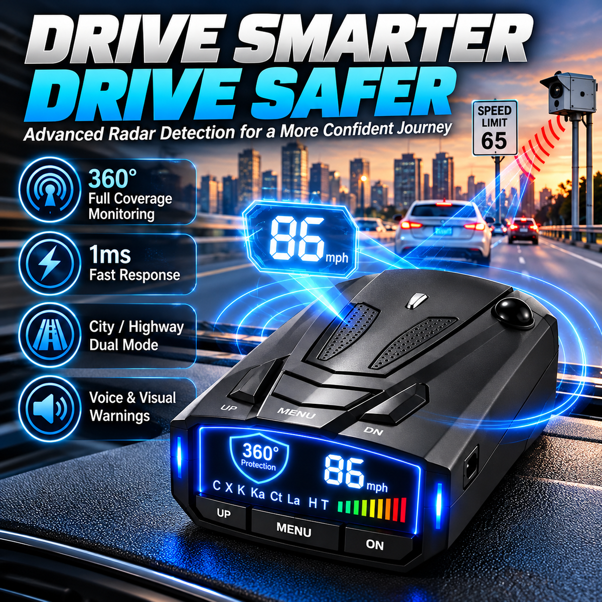🚗v7 Multi-band Radar Alert Detector – Voice & Led Alerts With City/highway Modes