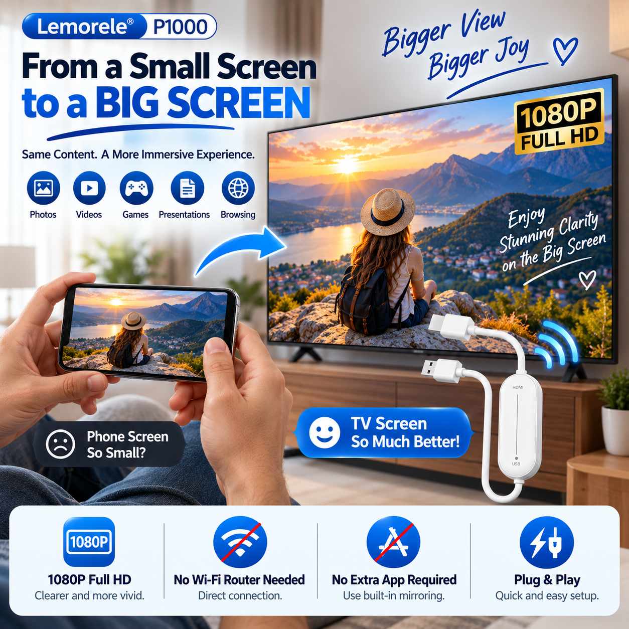 Wireless HDMI adapter displaying compatible phone content on a television