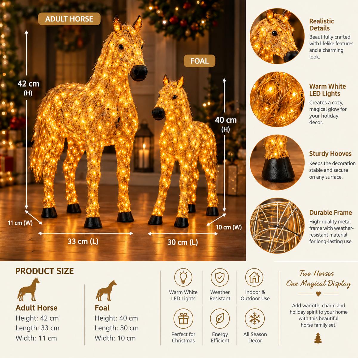 ✨🐎 Light-Up Christmas Horse & Foal Set – Warm White LED Holiday Display