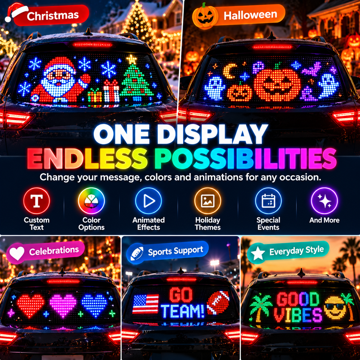 🎄 Smart LED Pixel Car Display – App-Controlled RGB Lights, Custom Messages & Animated Designs 🚗