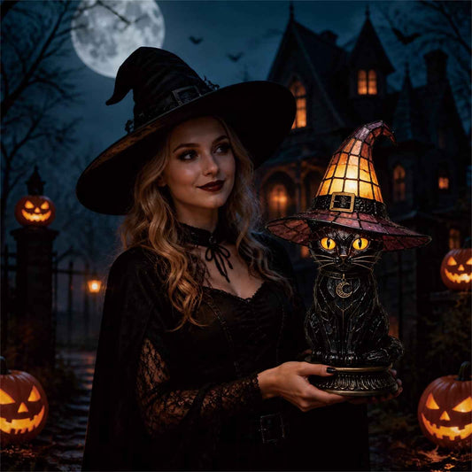 🐈 Gothic Stained Glass Witch Black Cat Table Lamp | Halloween Witch Hat Night Light Decor
