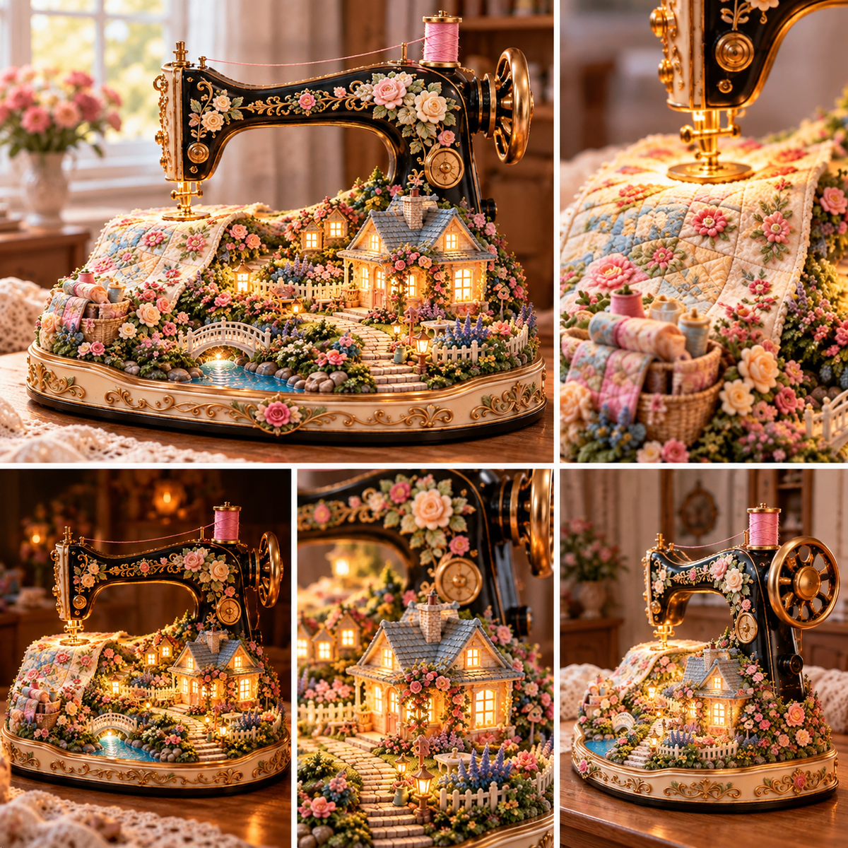 🧵✨Stitched to Life – A Garden Sewn with Love | Lighted Sewing Machine Decor