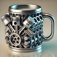 Silberne V6-Motor-Tasse