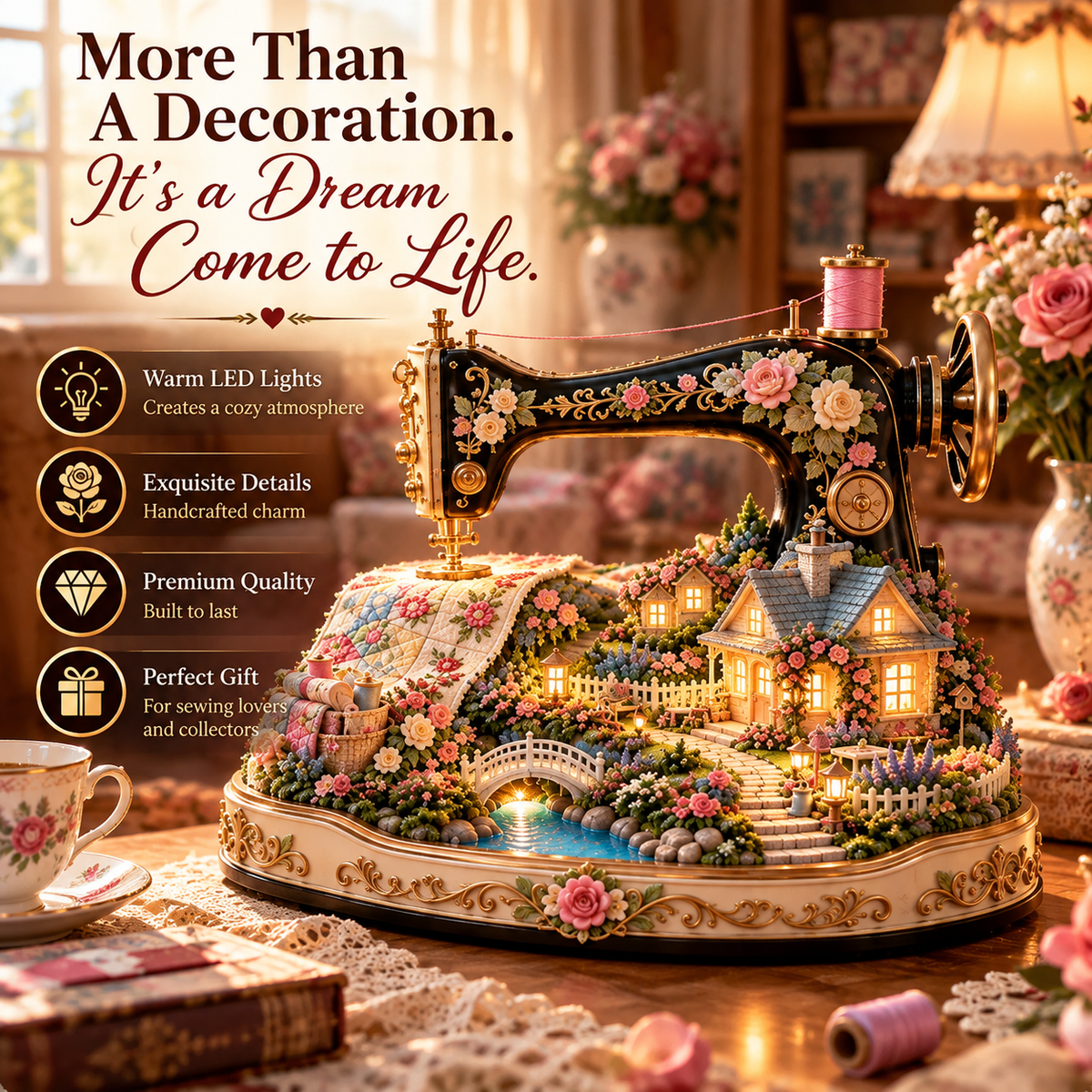 🧵✨Stitched to Life – A Garden Sewn with Love | Lighted Sewing Machine Decor