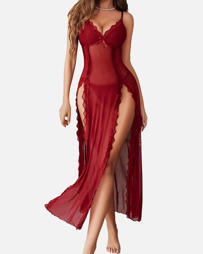 Sexy Mesh-Nachthemd mit V-Ausschnitt und Seitenschlitz
