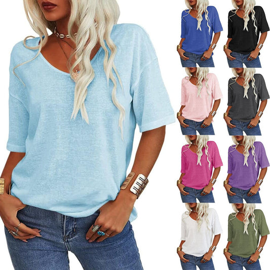 Damen V-Ausschnitt T-Shirt in Unifarbe