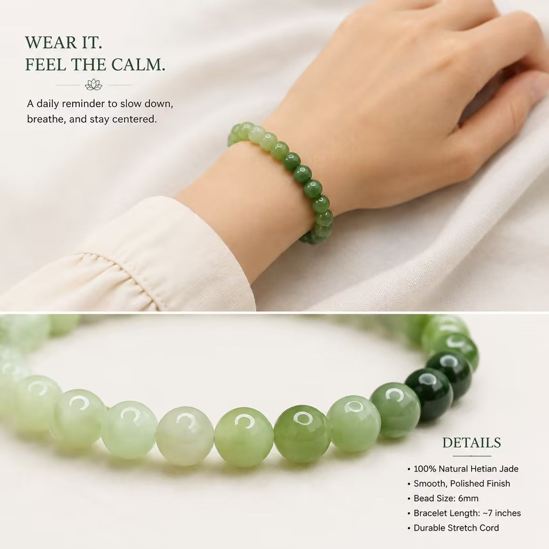Natural Hetian Jade Bracelet | 6mm Gradient Green Healing Stone Bead Bracelet | Calming Energy, Stress Relief & Inner Peace | Vintage Box Gift for Women