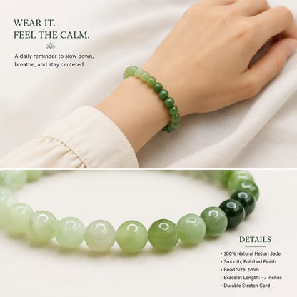 Natural Hetian Jade Bracelet | 6mm Gradient Green Healing Stone Bead Bracelet | Calming Energy, Stress Relief & Inner Peace | Vintage Box Gift for Women