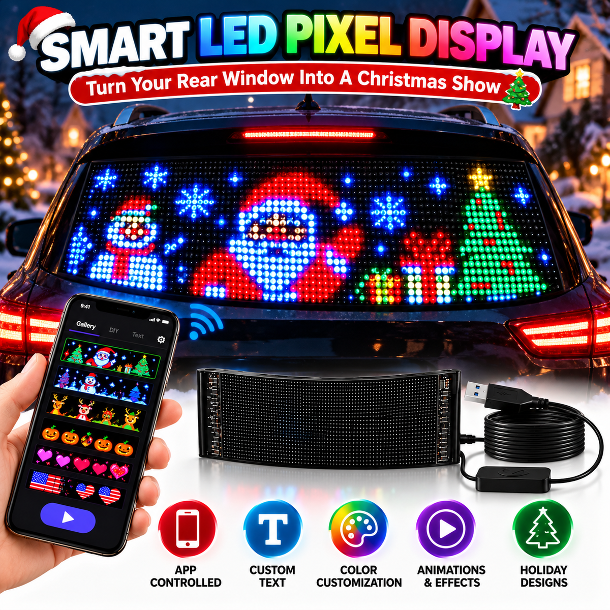 🎄 Smart LED Pixel Car Display – App-Controlled RGB Lights, Custom Messages & Animated Designs 🚗