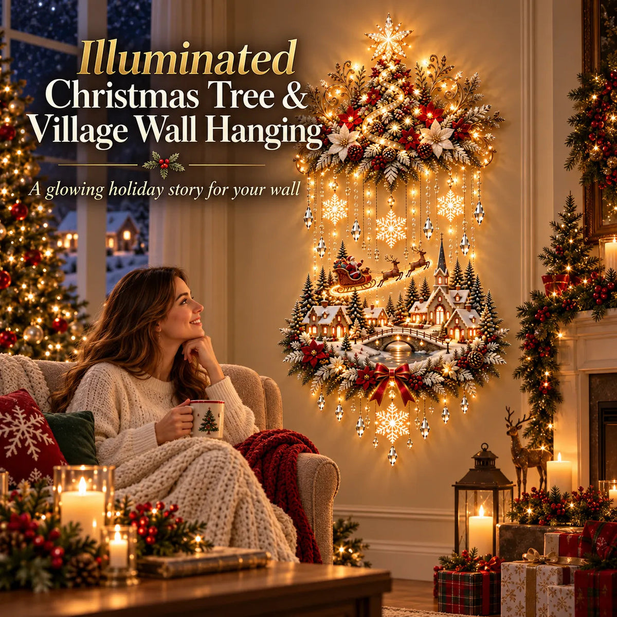 Illuminated Christmas Tree & Village Wall Hanging I Cascading Warm Lights for Living Rooms , Entryways & Staircases