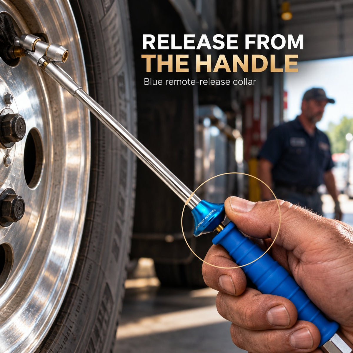 Close-up of the blue remote-release collar on a tire inflation locking rod attached to a wheel valve